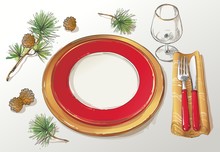 Vector Christmas Table Decorating Setting. Festive Cutlery Set: Fork, Knife, Empty Plate On Tablecloth With Spruce Branch. Menu. Top View. Color Isolated Illustration On Red Background.