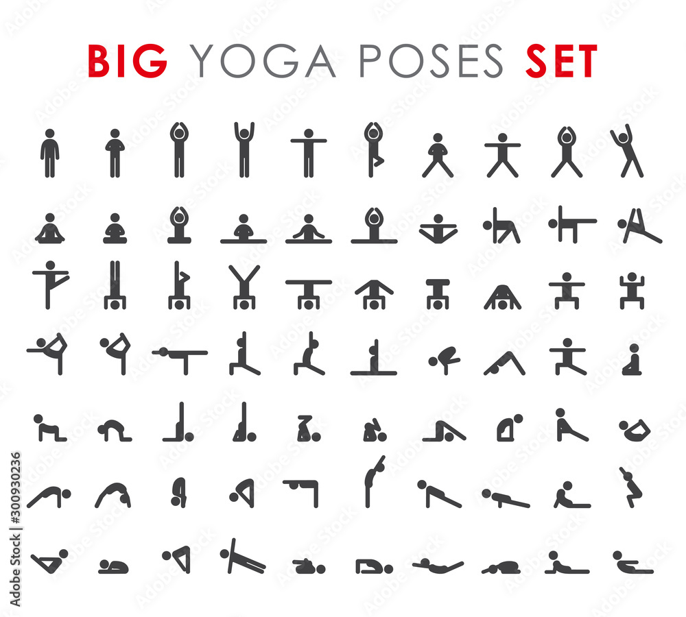Big yoga poses asanas icons set. Vector illustrations. For logo yoga branding. Yoga people infographics. Stick figures. Pilates stretch gymnastics fitness poses - obrazy, fototapety, plakaty 