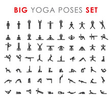 Big Yoga Poses Asanas Icons Set. Vector Illustrations. For Logo Yoga Branding. Yoga People Infographics. Stick Figures. Pilates Stretch Gymnastics Fitness Poses