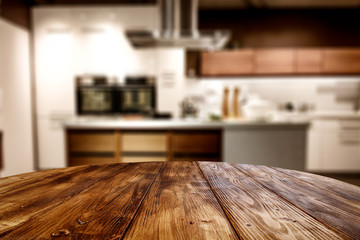 Wall Mural - wooden table background of free space for your decoration and blurred background of kitchen. copy sp