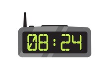 Electronic Alarm Clock Flat Vector Illustration. Contemporary Digital Timepiece. Radio Clock With Antenna Color Design Element. Modern Battery Time Counter Isolated On White Background.