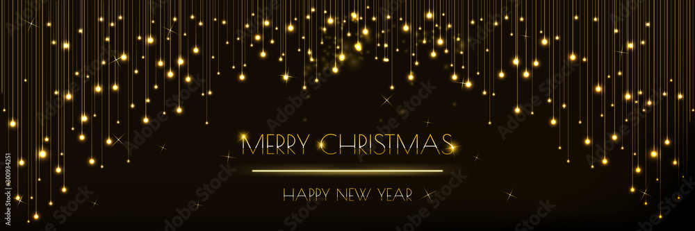 Christmas banner design with glittering golden lights curtain - obrazy, fototapety, plakaty 