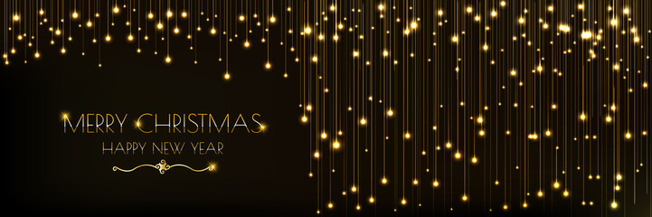 Christmas banner design with glowing golden lights curtain