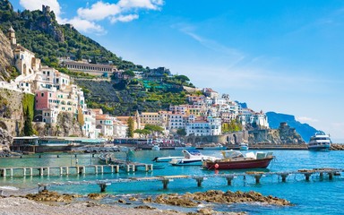 Wall Mural - Beautiful seaside town Amalfi in province of Salerno, Campania, Italy. Amalfi coast is popular travel and holyday destination in Europe.