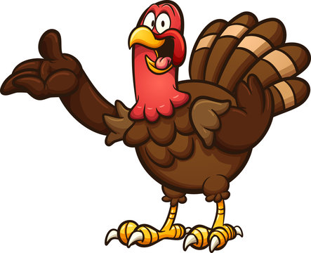 happy cartoon turkey showing off something clip art. vector illustration with simple gradients. all 
