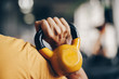 close up of man working out with kettle bell. concept of active living. selective focus, ideal for background image or advertising - enough room for copy, space and text.