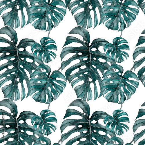 Watercolor seamless pattern with tropical leaves and flowers. Beautiful allov...