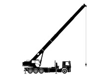Mobile Crane. Silhouette Of A Crane On A White Background. Side View. Flat Vector.