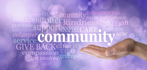 Wall Mural - Your Community matters word tag cloud - male open palm hand with the word community floating above surrounded by a relevant word cloud on a purple bokeh background