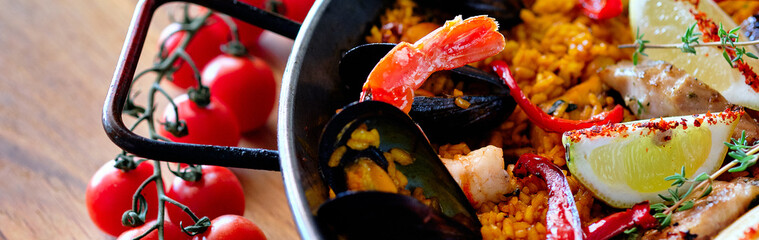 delicious spanish seafood paella panoramic view from top