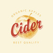 © paseven - Vector label for Apple cider with a realistic image of an apple and calligraphic inscription on a light background in retro style