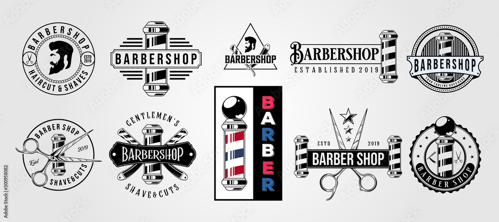 set of barbershop vector vintage hipster logo illustration design - obrazy, fototapety, plakaty 