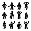 © Cherstva - Sitting on chair stick figure man different poses pictogram vector icon set. Boy silhouette seated happy, comfy, sad, tired, depressed sign on white background