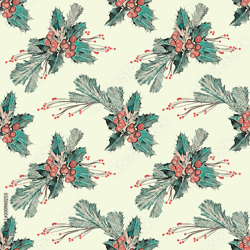 Christmas seamless pattern. Watercolor background. Hand painted illustration.