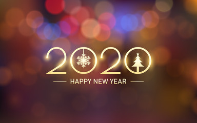 Wall Mural - glowing golden happy new year 2020 with bokeh and lens flare pattern in vintage orange color background