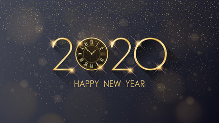 Wall Mural - golden Happy new year 2020 and clock with glitter on black color background