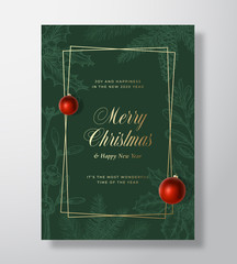 Wall Mural - Christmas Abstract Vector Greeting Card or Holiday Poster. Classy Green and Gold Colors and Typography. Realistic Toy Balls and Sketch Pine Twigs, Strobile, Holly and Mistletoe Background.