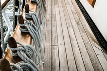 Ropes On A Sailboat To Tighten The Sails Of The Ship During A Cruise For Tourists.