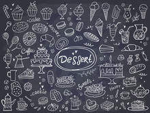 Set Of Hand Drawn Delicious Sweets On Chalkboard. Vector Illustration. Cakes, Biscuits, Baking, Cookie, Pastries, Donut, Ice Cream, Macaroons. Perfect For Dessert Menu Or Food Package Design.