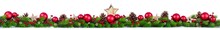 Extra Wide Christmas Border With Fir Branches, Red And Silver Baubles, Pine Cones And Other Ornaments, Isolated On White
