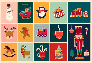 Wall Mural - christmas decorative illustrations in vintage style