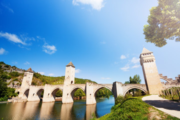 Panorama of Valentre bridge in Cahor on Lot river