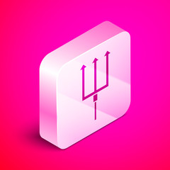 Isometric Neptune Trident icon isolated on pink background. Silver square button. Vector Illustration