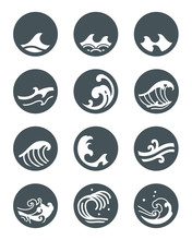 Sea Wave Icon Set. Modern And Traditional Ocean Wave Style For Logo, Surf Sports, Tattoo. - Vector. Minimal Style In Circle Shape.