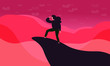 woman traveler or explorer standing on top of a mountain or cliff and looking straight. Trendy flat illustration concept of discovery, exploration, hiking, adventure tourism, travel