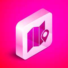 Isometric Folded map with location marker icon isolated on pink background. Silver square button. Vector Illustration