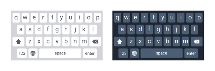 Smartphone keyboard in light and dark mode, keypad alphabet buttons in modern flat style, mobile phone tab concept for white and black color text app, vector illustration.
