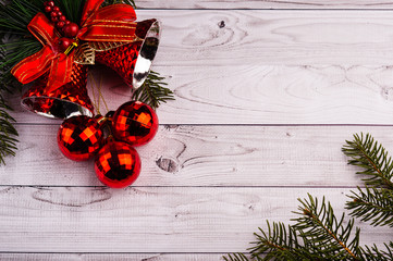  christmas composition red new year balls and christmas bell on the background