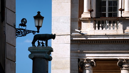 Rome, 2 October 2019: Copy of the statue of the she-wolf in the capital off the Capitol. the bronze original dating back to the Middle Ages is kept in the Capitoline museums