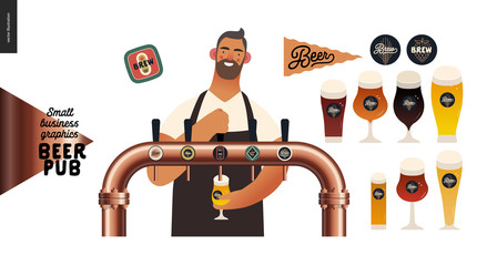 Brewery, craft beer pub -small business graphics -male visitor at the bar countera bartender-modern flat vector concept illustrations -young man pouring beer from the beer tower. Pub elements