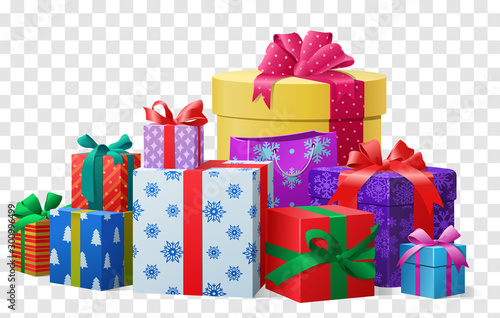 Fotografía Christmas, new year holiday present boxes, gifts pile with bright wrapping, silk ribbon bows on copy space background