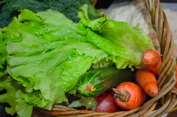 Basket with fresh vegetables. Fresh vegetables in basket on green background.