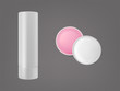 Lip balm stick and round shape top and side view. Hygienic lipstick cosmetic packaging set. White blank closed and opened tubes isolated on grey background. Realistic 3d vector illustration, clip art