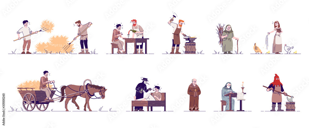 Medieval people flat vector illustrations set. Historical peasants, farmer, blacksmith, executioner, priest, doctor isolated cartoon characters with outline elements on white background - obrazy, fototapety, plakaty 