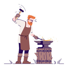 Medieval Blacksmith Flat Vector Illustration. Smith Working With Hammer And Anvil Isolated Cartoon Character With Outline Elements On White Background. Historical, Fairytale Craftsman