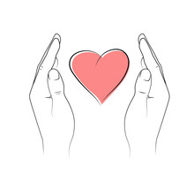 Heart In Between Hands. Love And Care. Vector Illustration