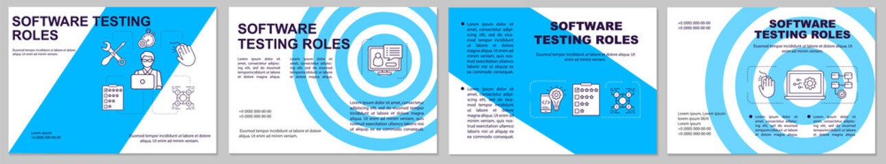 Software testing roles horizontal brochure template. Flyer, booklet, leaflet print, cover design with linear illustrations. Vector page layouts for magazines, annual reports, advertising posters