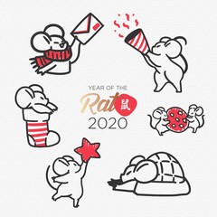 Sticker - Vector collection of 2020 Chinese New Year simbol. Mouse, Rat horoscope sign. Set of Cute holiday themed Mice in different situations.