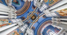 Spinning And Torsion Of Interior View And Looking Up Into Ceiling In Orthodox Church Dome 