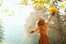 Carefree Woman With Yellow Leaves With Raised Arms Rejoicing