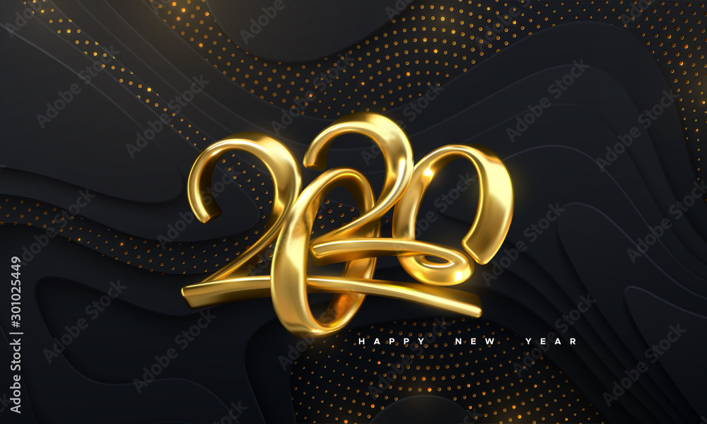 Happy New 2020 Year. Holiday vector illustration of golden calligraphic numbers 2020. Realistic 3d sign. Festive poster or banner design. Modern lettering on wavy papercut background with glitters. - obrazy, fototapety, plakaty 