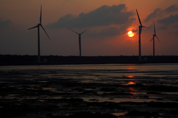 A lot of wind turbines set up on the coast of central Taiwan to shine in the sunset