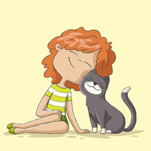 Girl And Cat Are Friends. Hand Drawn Vector Illustration With Separate Layers.