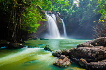 The amazing colorful waterfall in autumn forest blue water and colorful rain forest.