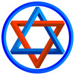 Star of David from two colored impossible triangles in a circle. Jewish hexagonal star sacred geometry religion symbol. Vector logo.