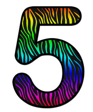 3D Zebra RAINBOW Print Number 5, Animal Skin Fur Creative Decorative Character, With Colorful Isolated In White Background. Has Clipping Path And Dicut. Design Font Number Wildlife Or Safari Concept.